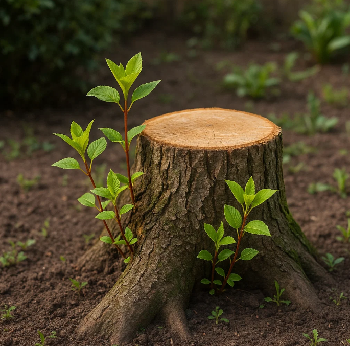 Boomstronk laat nieuwe scheuten zien in de tuin