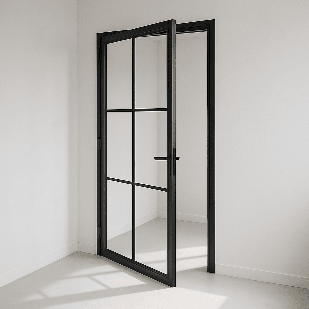 Glazen binnendeur met zwart profiel en helder glas in een moderne woning.