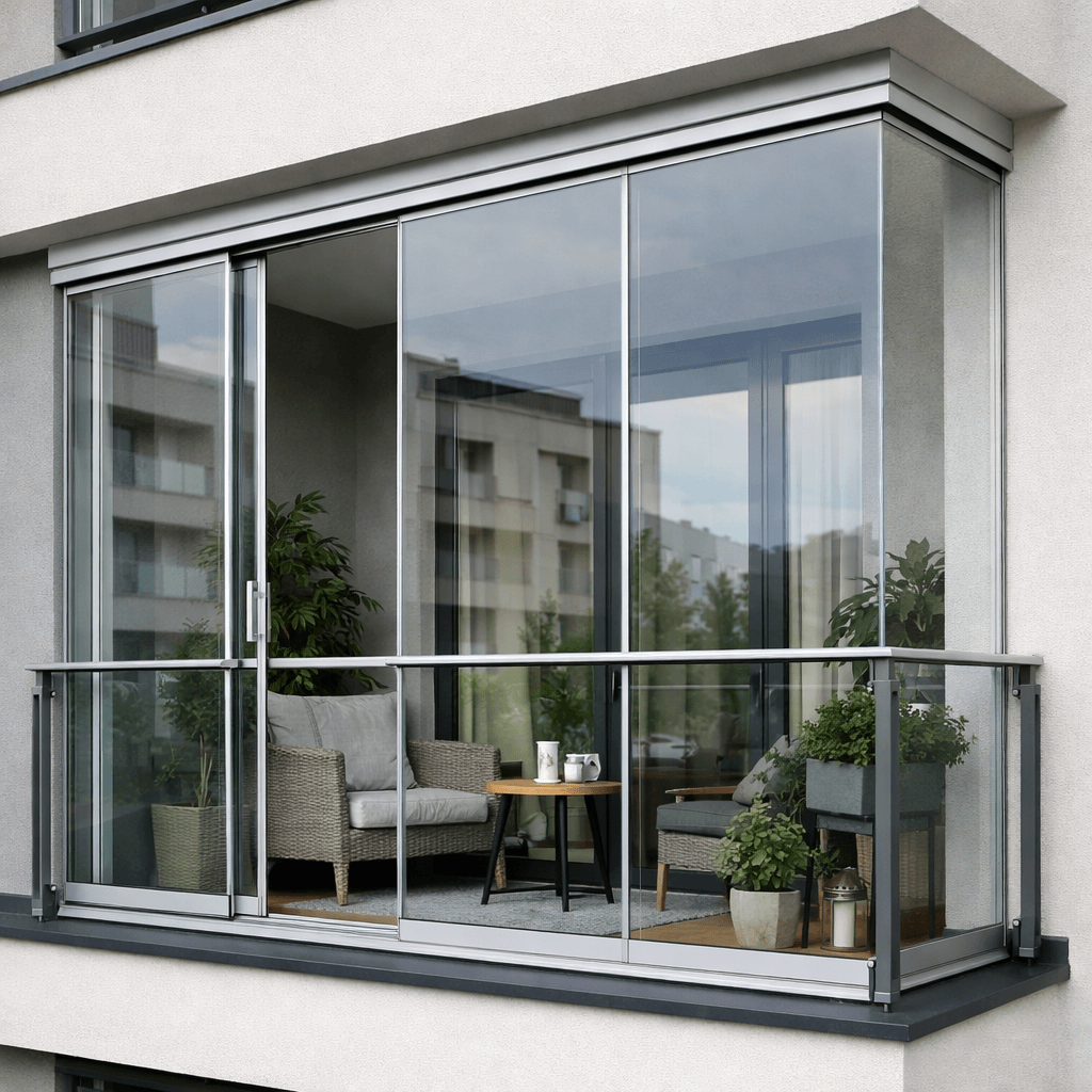 Balkonbeglazing bij een appartement waarbij rekening wordt gehouden met VvE-regels, windbelasting en uitstraling van de gevel.