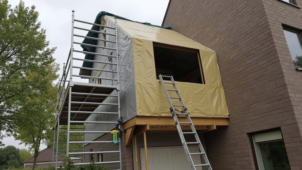 Prefab dakopbouw op garage tijdens plaatsing en verbouwing